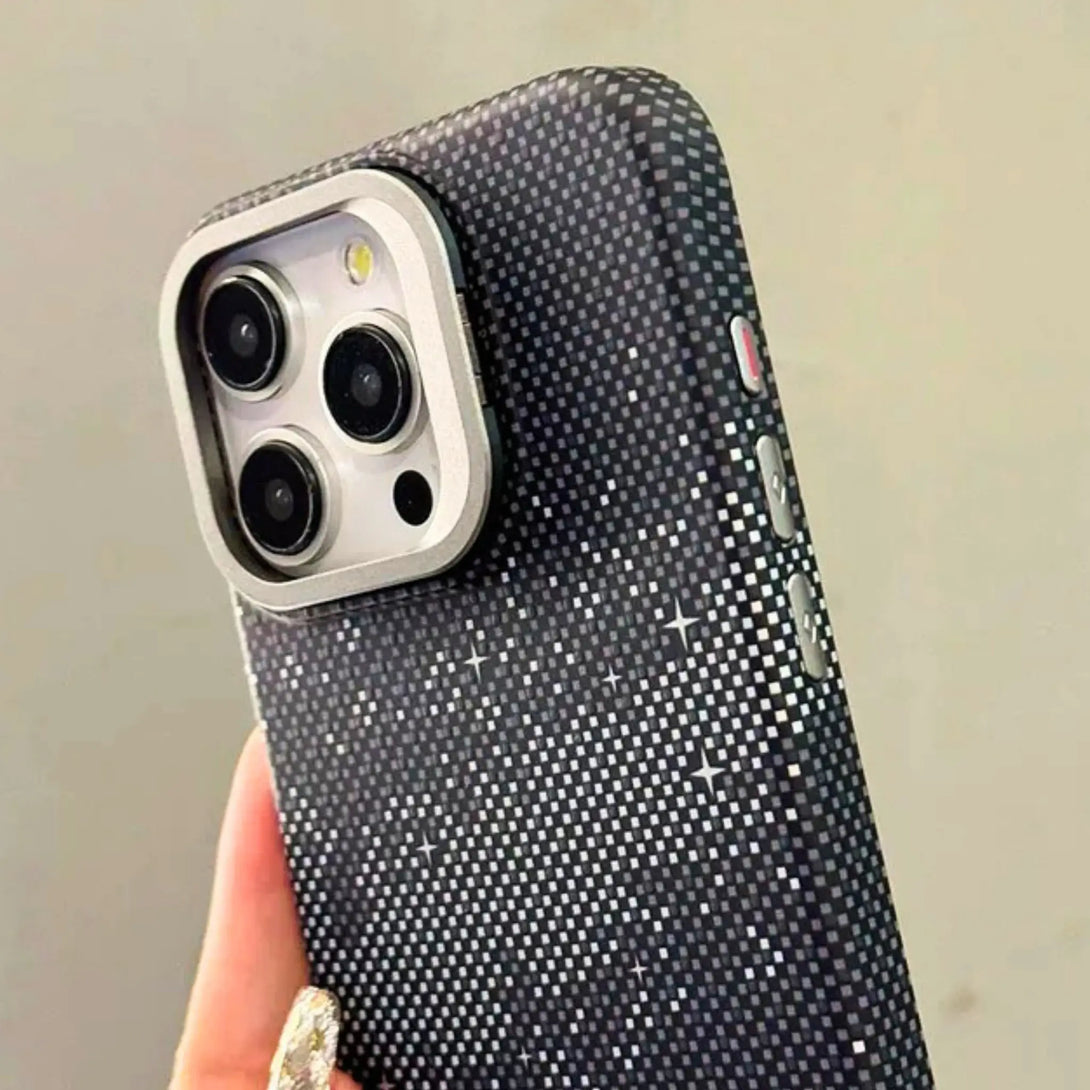 iPhone case with carbon fiber texture and star patterns held by a hand