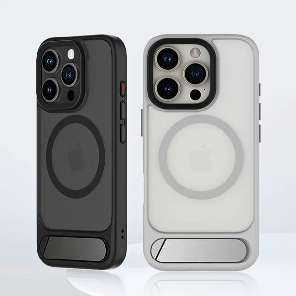 Black and grey transparent case for iPhone on a light grey background