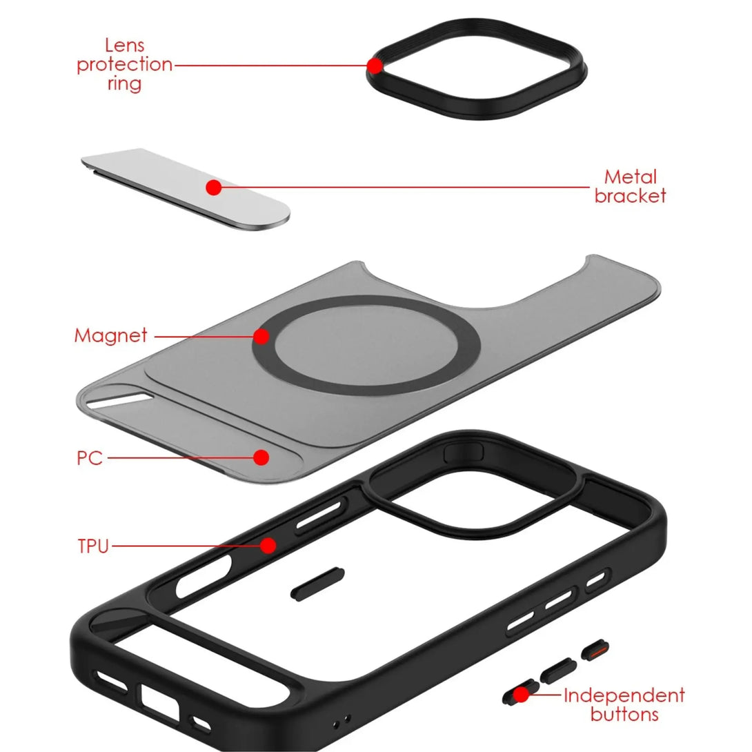Diagram of a transparent iPhone case with labeled components on a white background