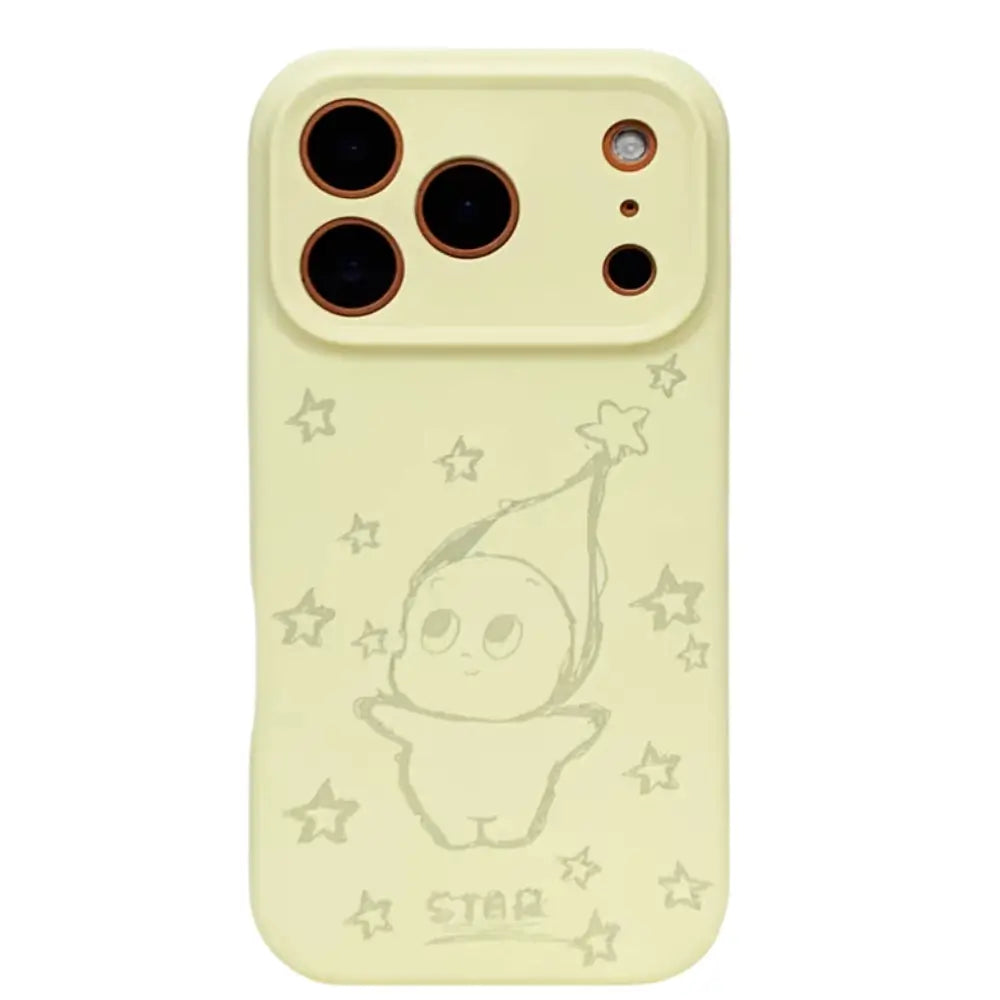 Buttercream yellow Cute Silicone iPhone Case with a cartoon character and star design on a white background