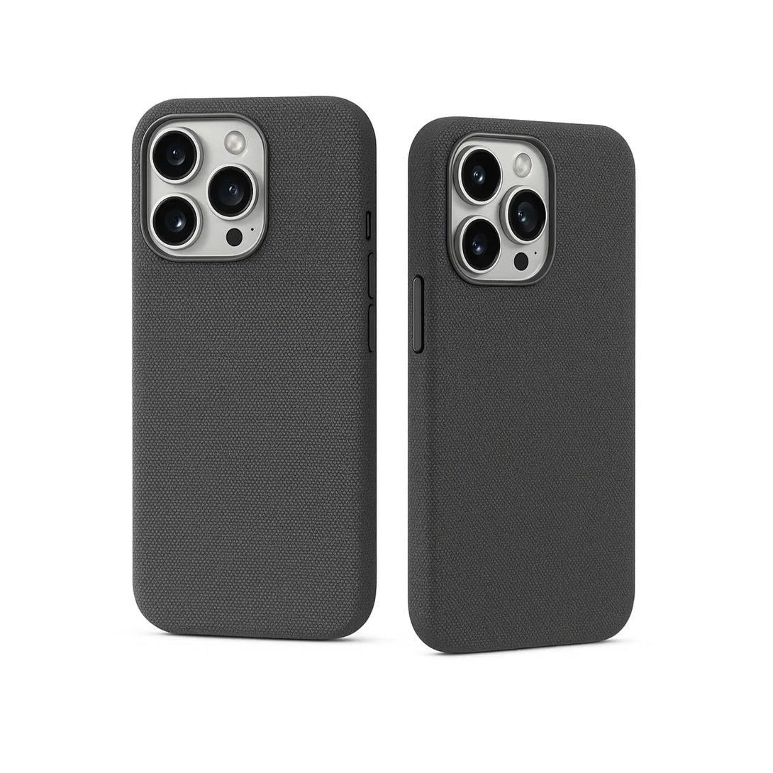 Two dark grey textured iPhone cases on a white background