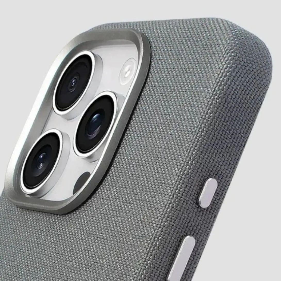 Gray textured iPhone case with camera module on a light gray background