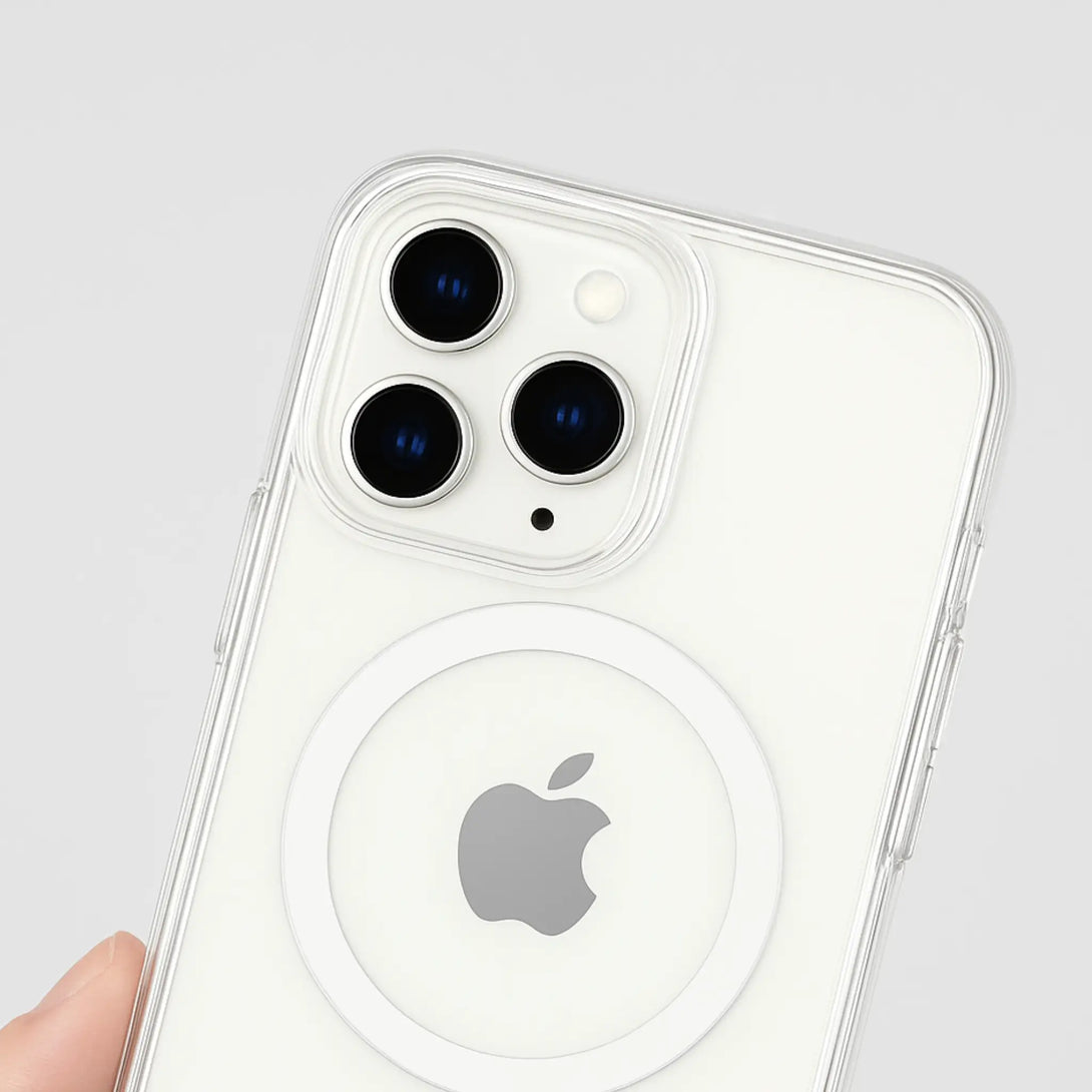 Clear phone case with Apple logo on a light gray background
