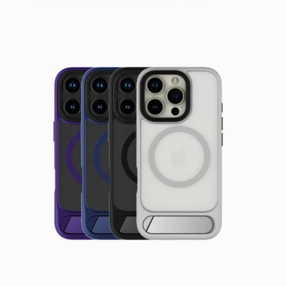 Four clear iPhone cases in different colors on a white background