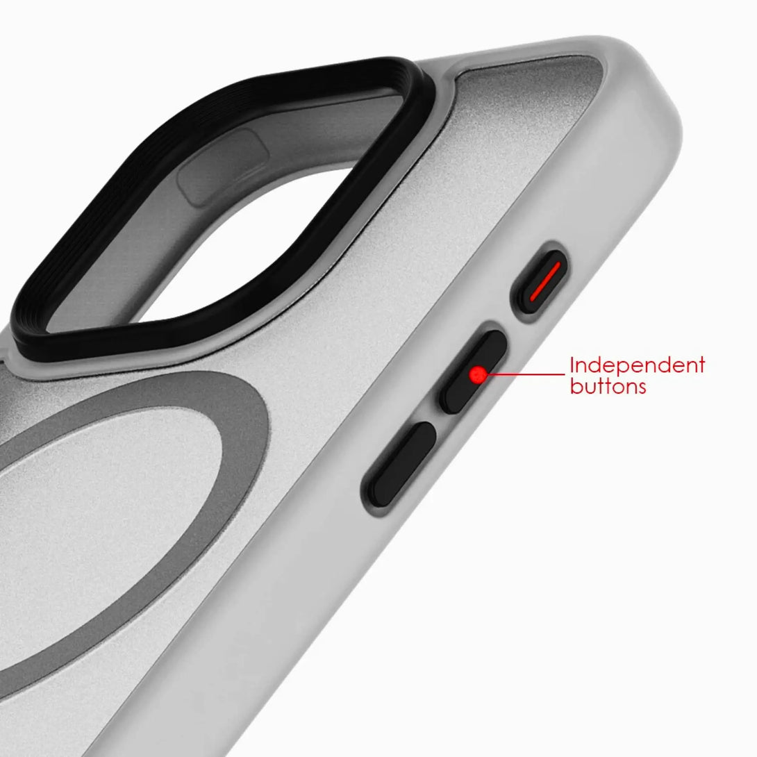 Close-up of a phone case with independent buttons labeled 