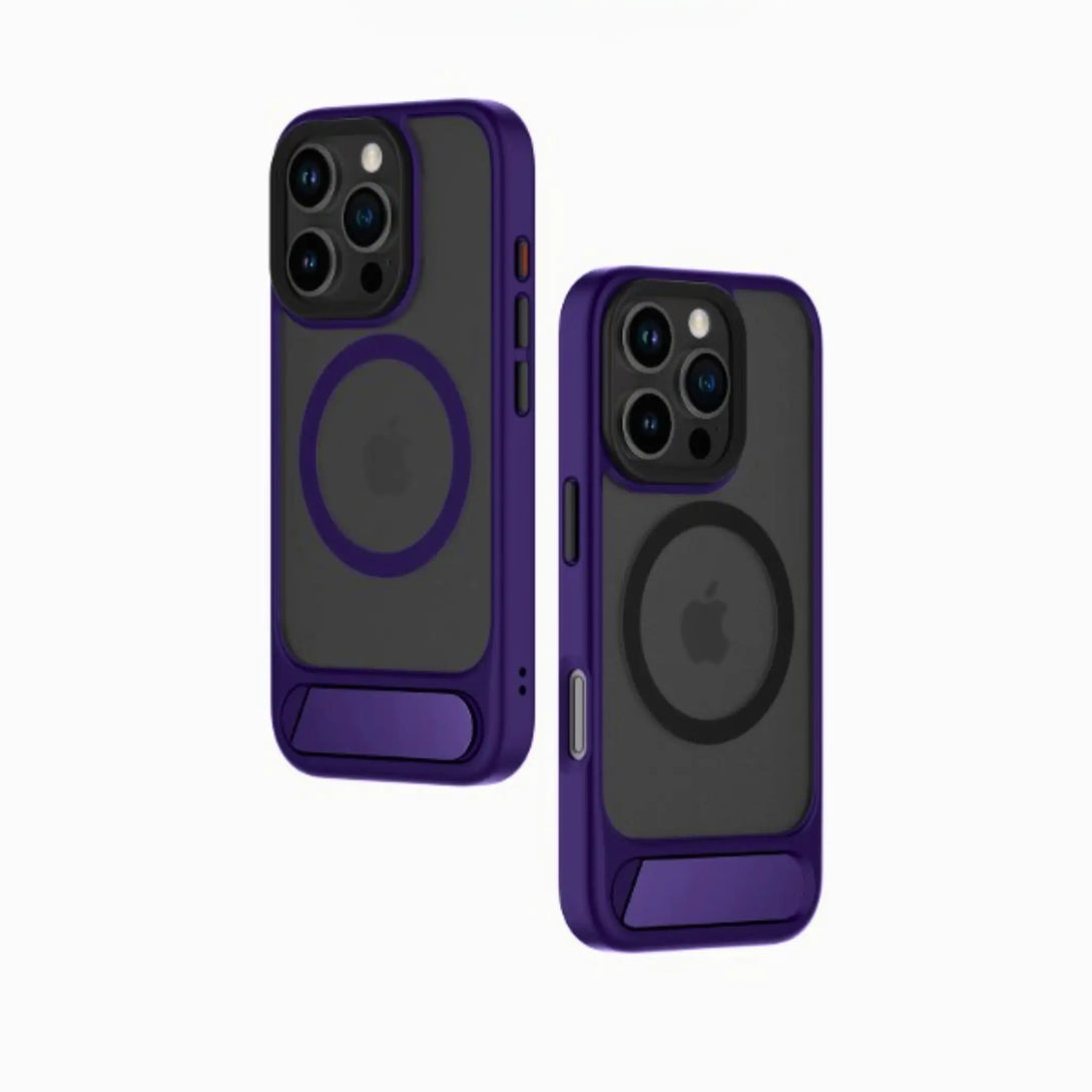 Two black iPhone in purple cases showing in two different angle