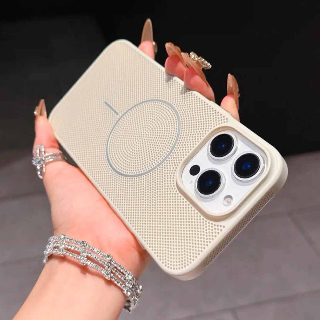 Hand holding a grey colored gripped phone case