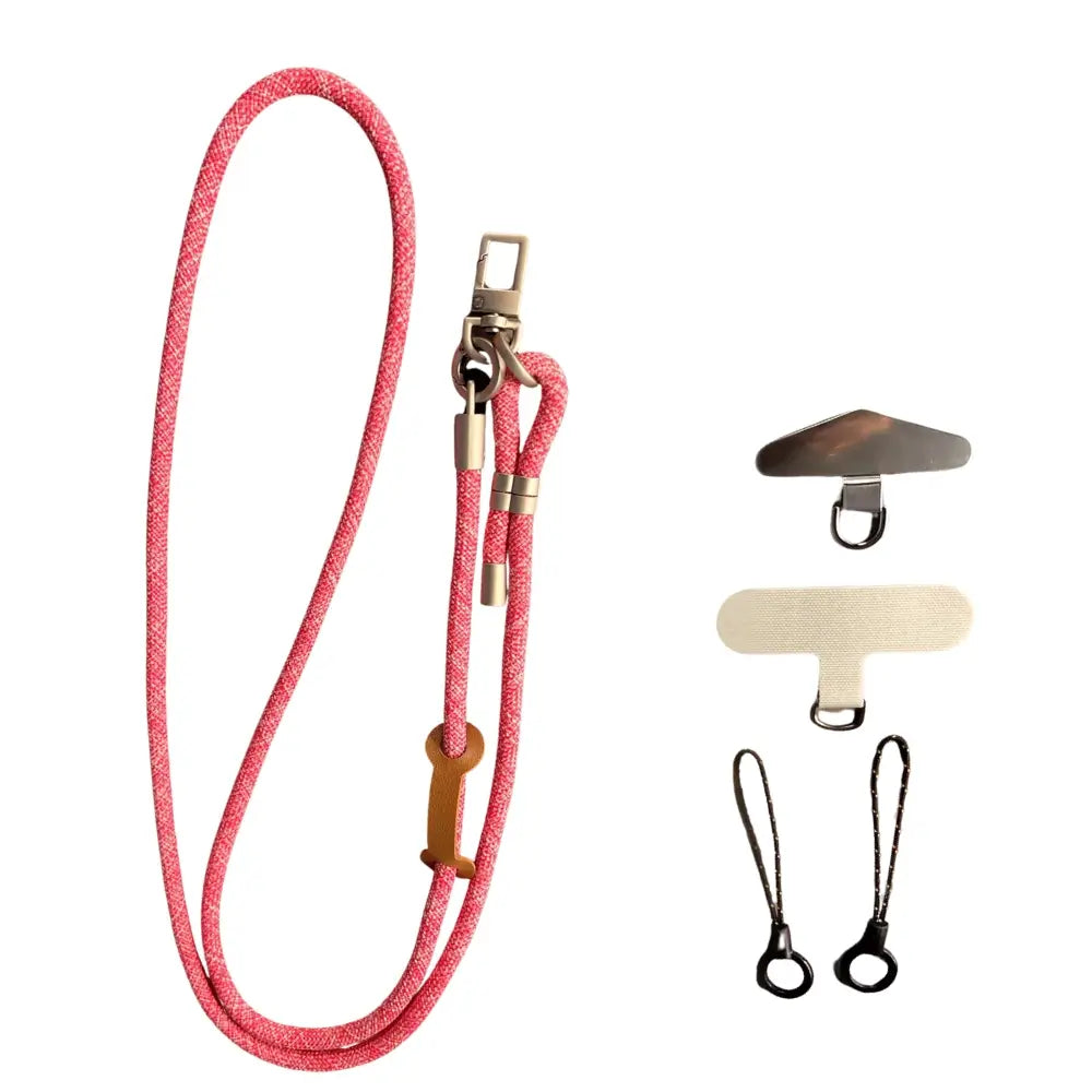 Coral pink heather braided rope phone strap with silver metal hardware and adapter tab.