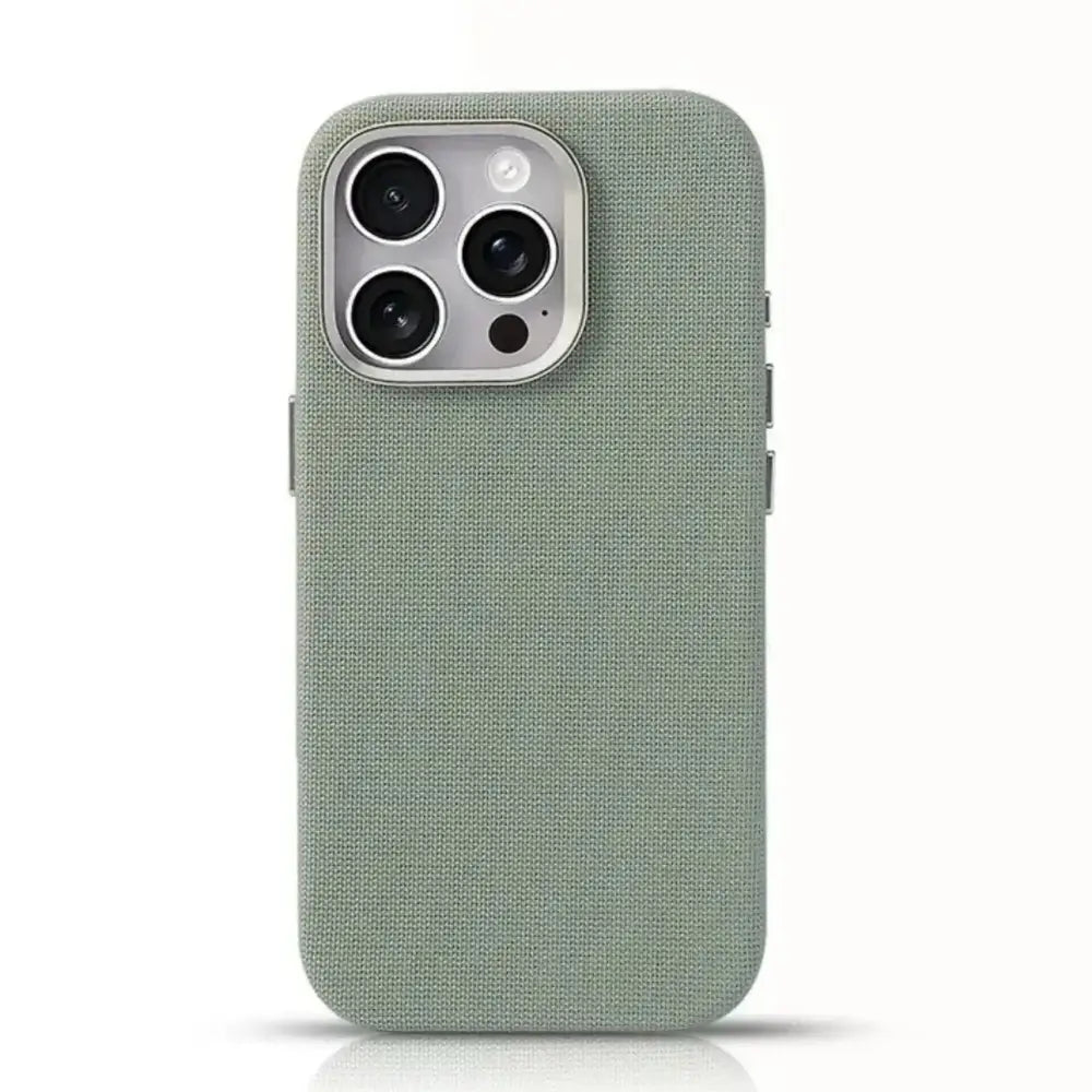 Sage green iPhone case with fabric texture on a white background