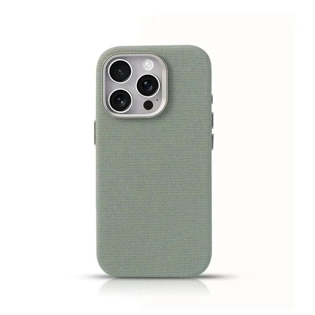 Sage green iPhone case with fabric texture on a white background