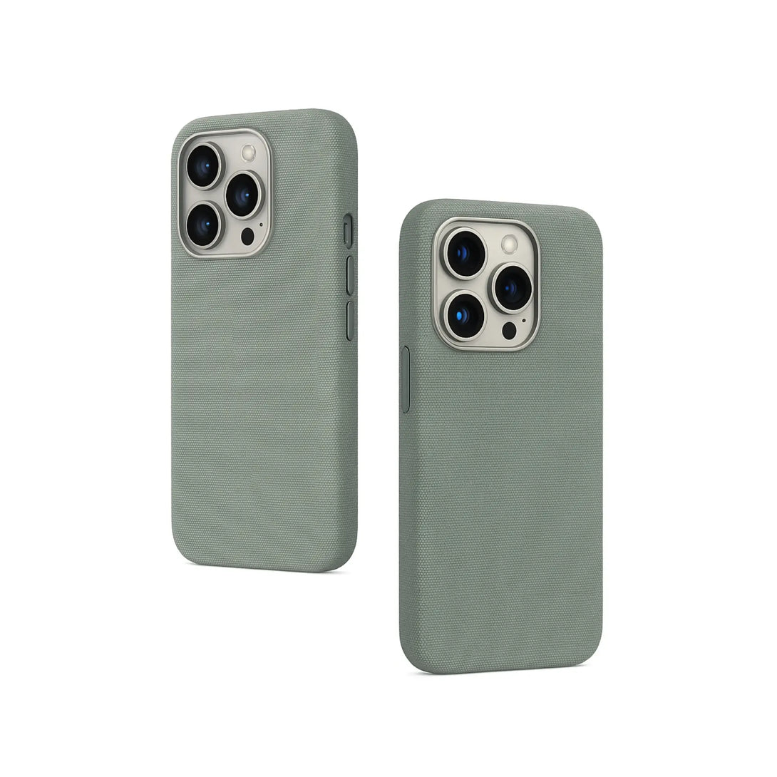 Sage green iPhone case with textured finish on a white background