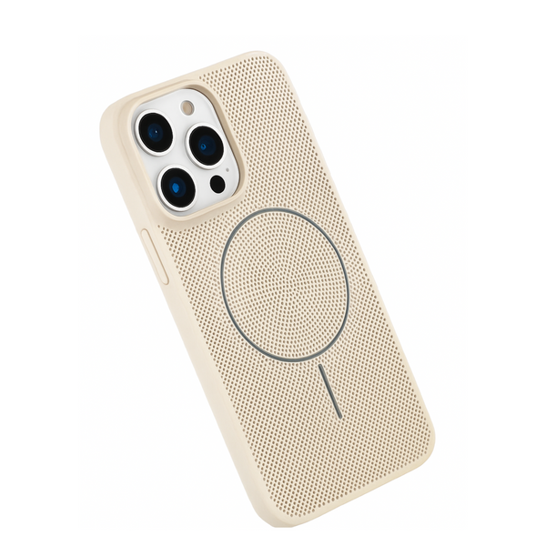 Non slip iPhone case with magnetic charging pad on a white background