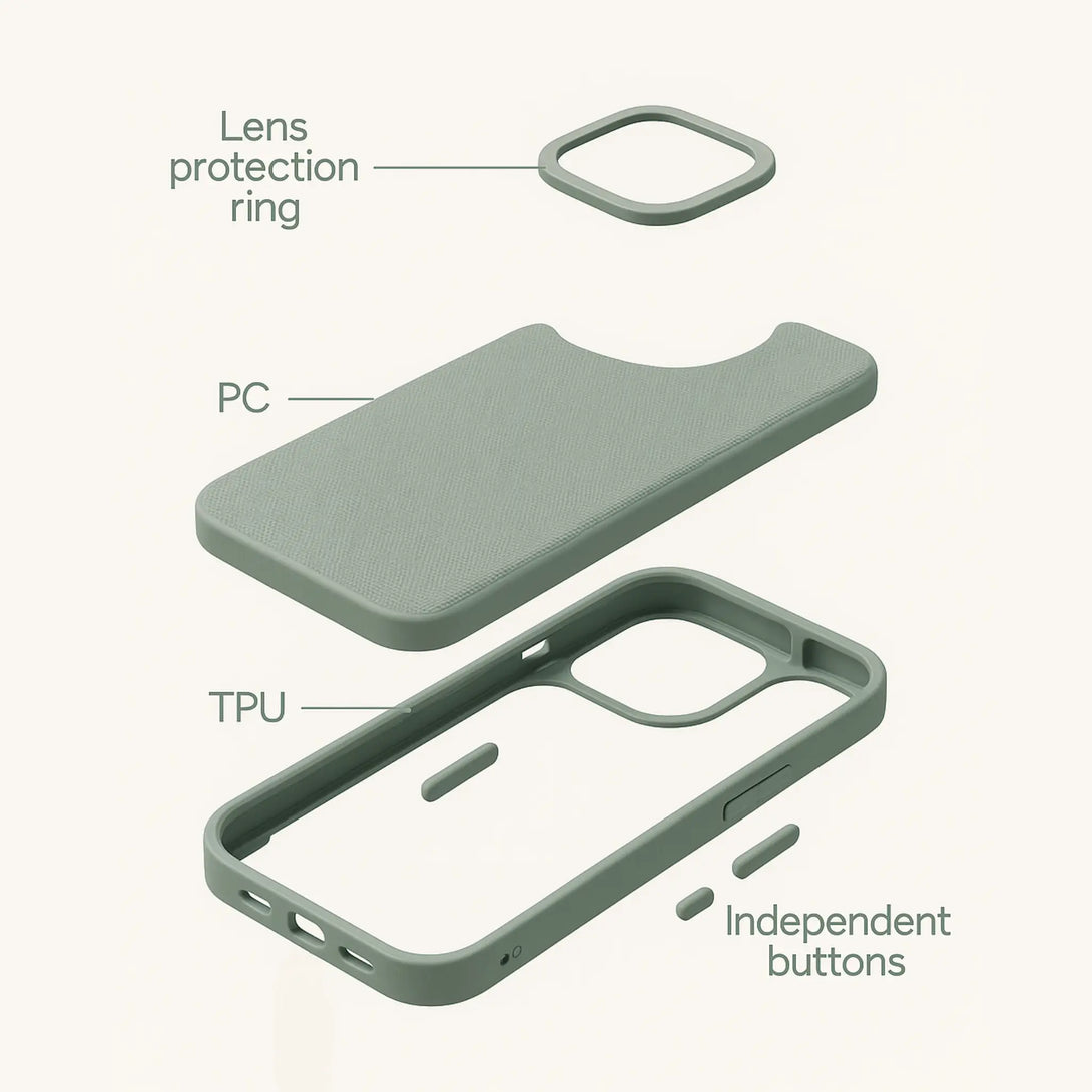 Sage green fabric iPhone case with labeled components on a white background