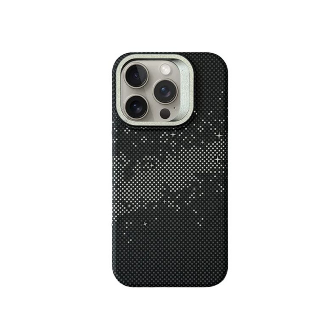 Black iPhone case with kevlar pattern on a white background