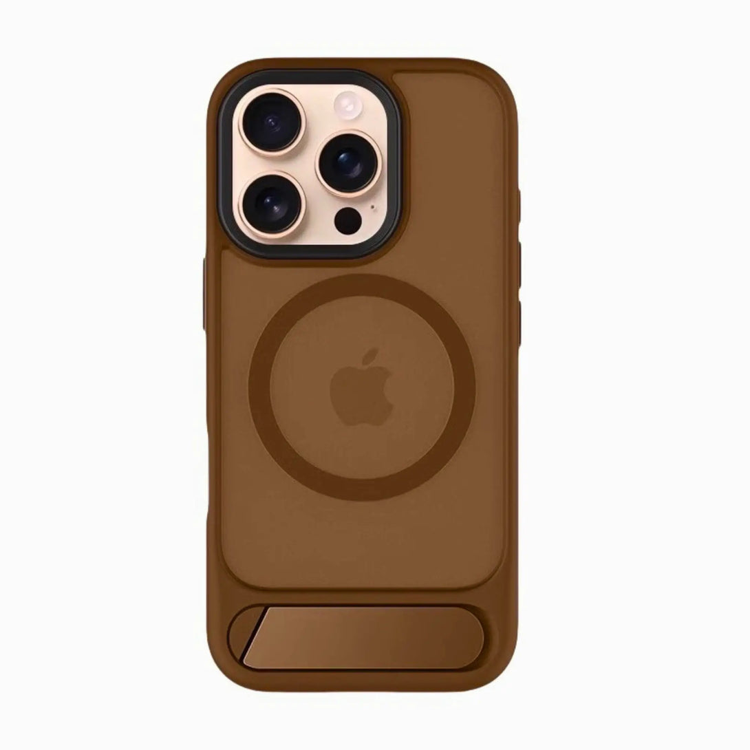 Transparent gold colored iPhone case on a white background