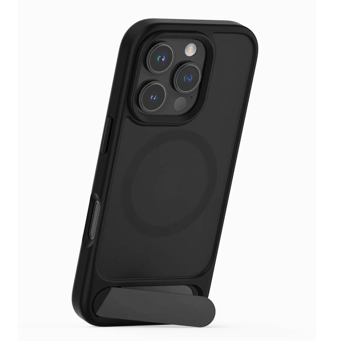 Black transparent case holding an iPhone vertically