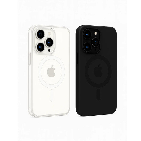 Clear iPhone cases on white and black phone a white background