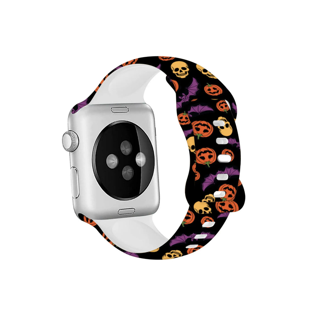 Smartwatch with a Halloween-themed band on a white background