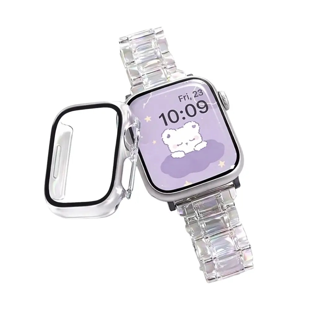 Clear acrylic link Apple Watch band with fold-over butterfly clasp and clear case accessory shown on white background