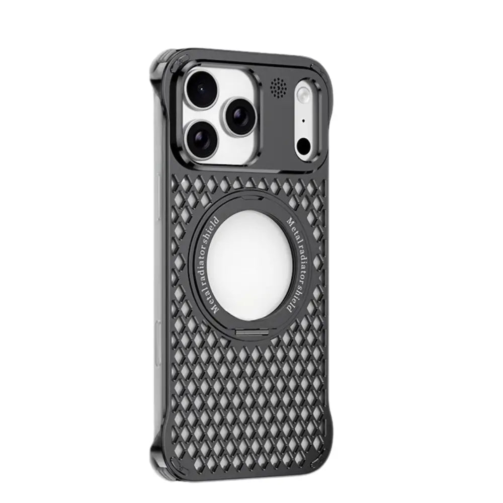 Aluminum iPhone case for gaming in black with heat dissipation grid
