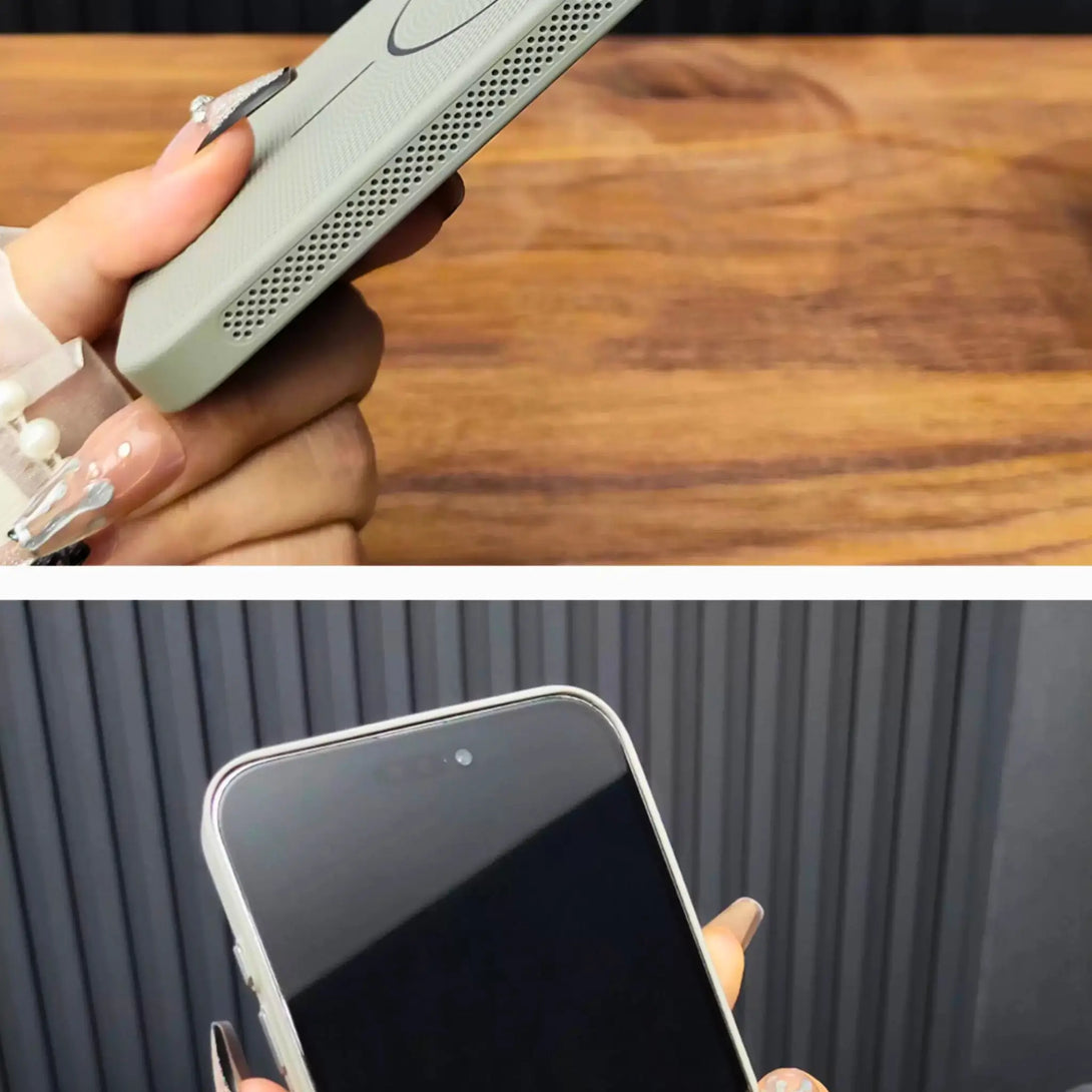 Top: Hand holding an iPhone in a silicone case on a wooden surface. Bottom: Hand holding a smartphone with a reflective screen.
