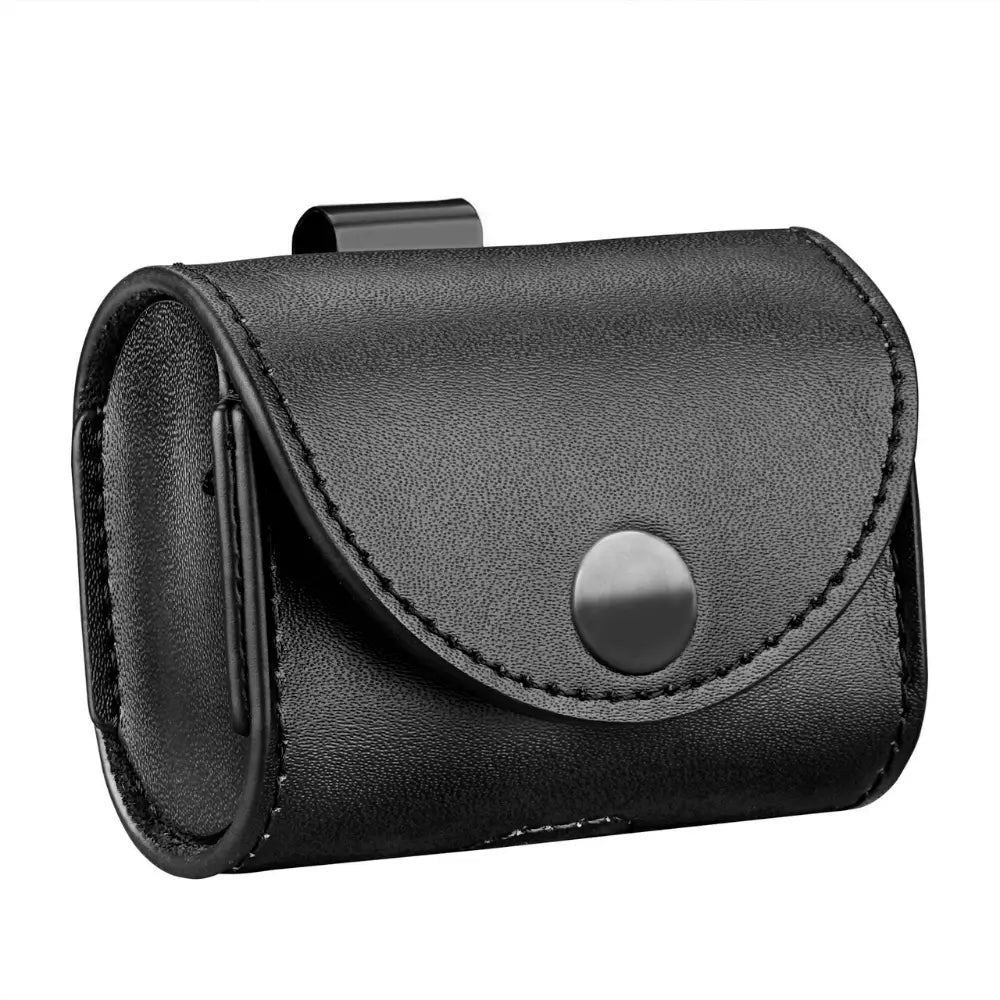 Black leather AirPods holster with magnetic snap button and steel belt clip, front three-quarter view