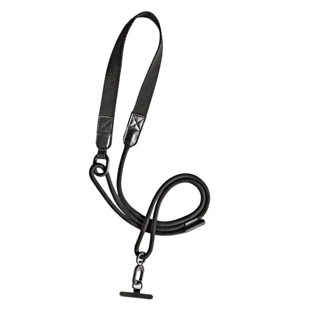 Black braided nylon Phone Neck Strap with black metal hardware.