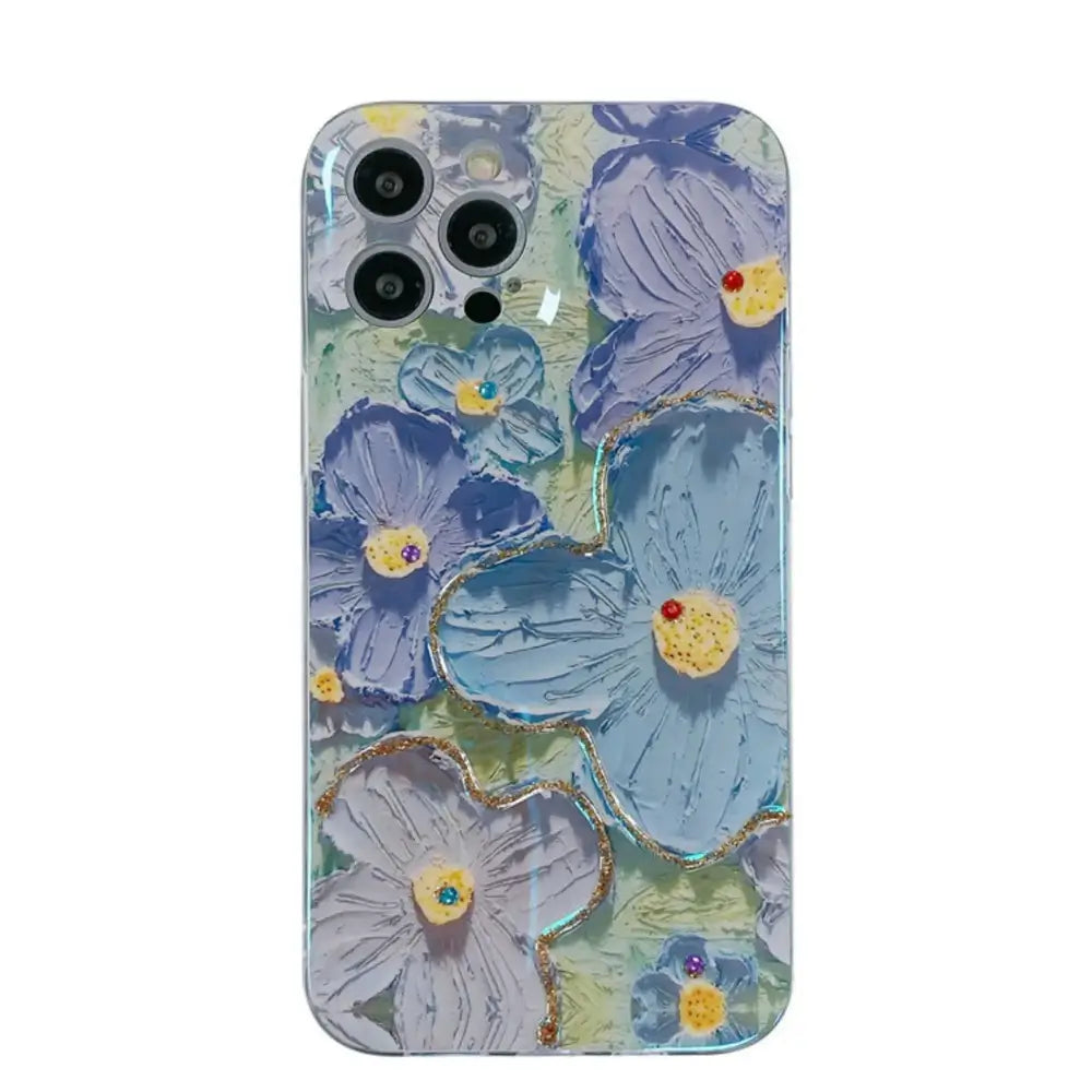 Blue 3D raised floral phone case back view on white background — compatible with iPhone