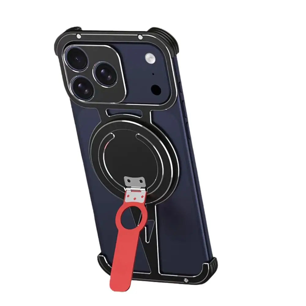 Borderless metal frame iPhone case in black with ring grip and raised edges