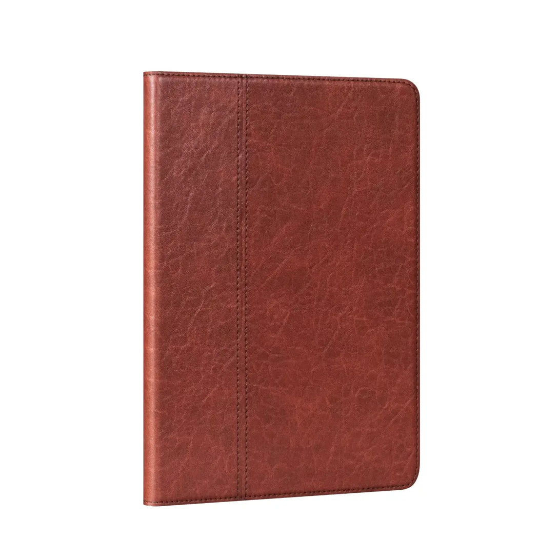 Brown leather iPad case standing at an angle, smooth grain front cover