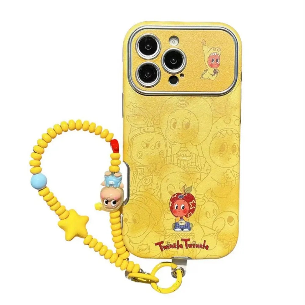 Cartoon phone case with charm strap and kawaii character figurines in yellow