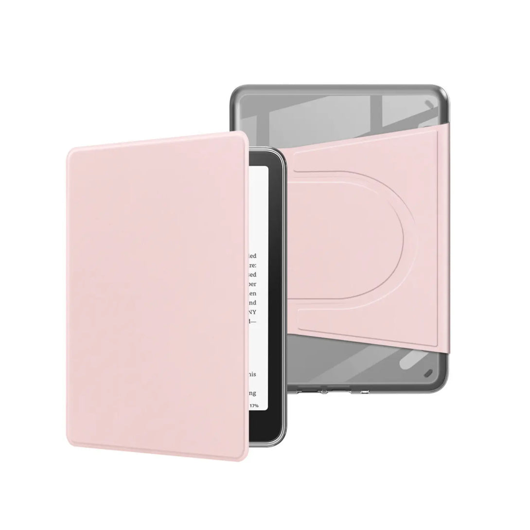 Pink clear auto wake Kindle case front cover and clear TPU back shell on white background