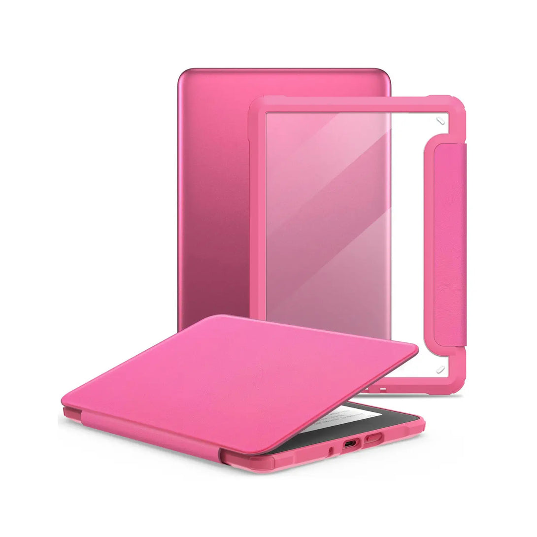 PU leather Kindle case with clear back in rose pink front and open view showing PC back and magnetic cover