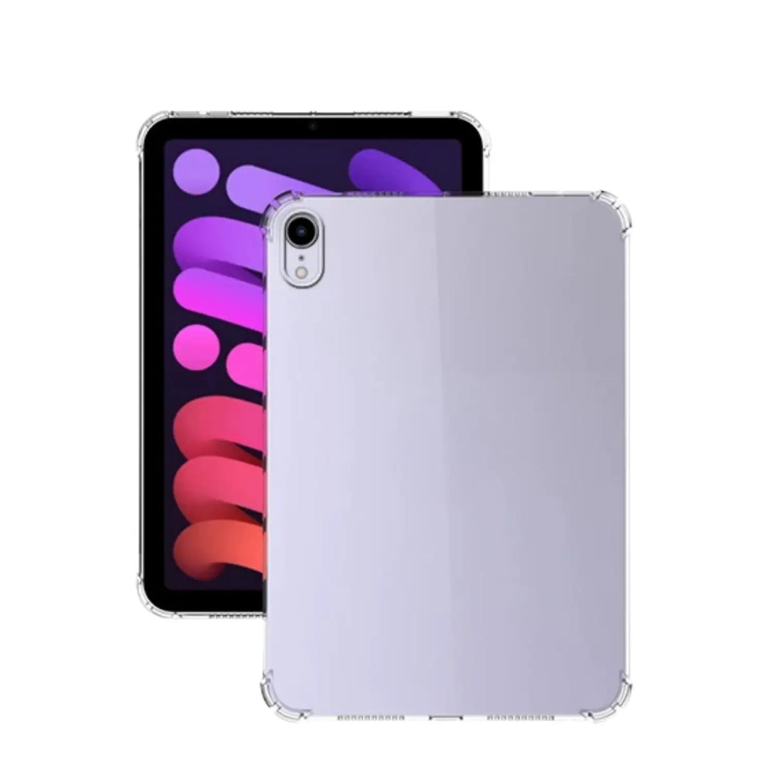 Clear bumper iPad case shown front and back, transparent silicone frame with reinforced corners on a purple iPad