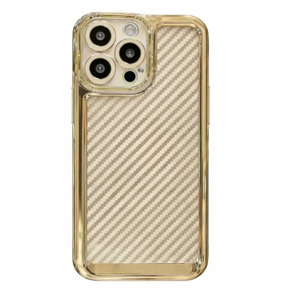 Clear iPhone case with gold frame and carbon fiber pattern on a white background