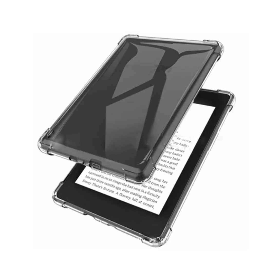 Clear corner guard Kindle case shown lifted from device, four reinforced TPU bumper corners visible
