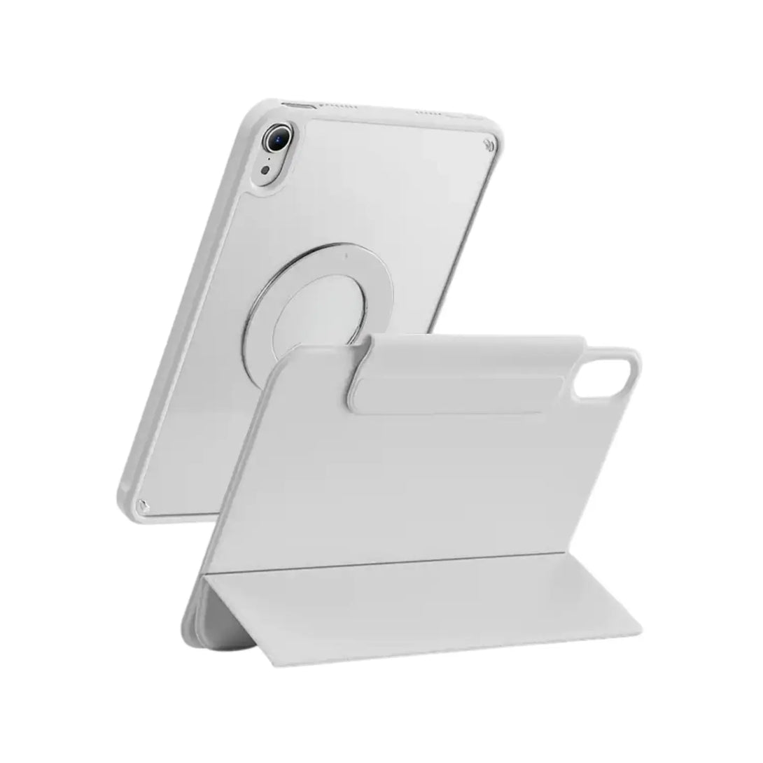 Clear detachable iPad case in gray with the clear back detached from the folio, standing upright on a desk.