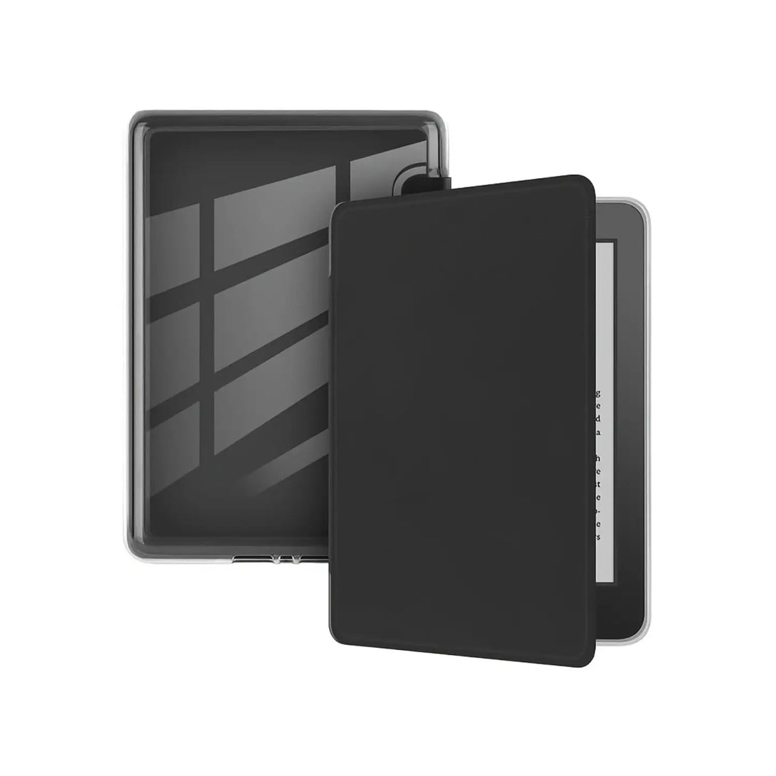 Clear polycarbonate back shell and black imitation leather folio Kindle Paperwhite case shown separated