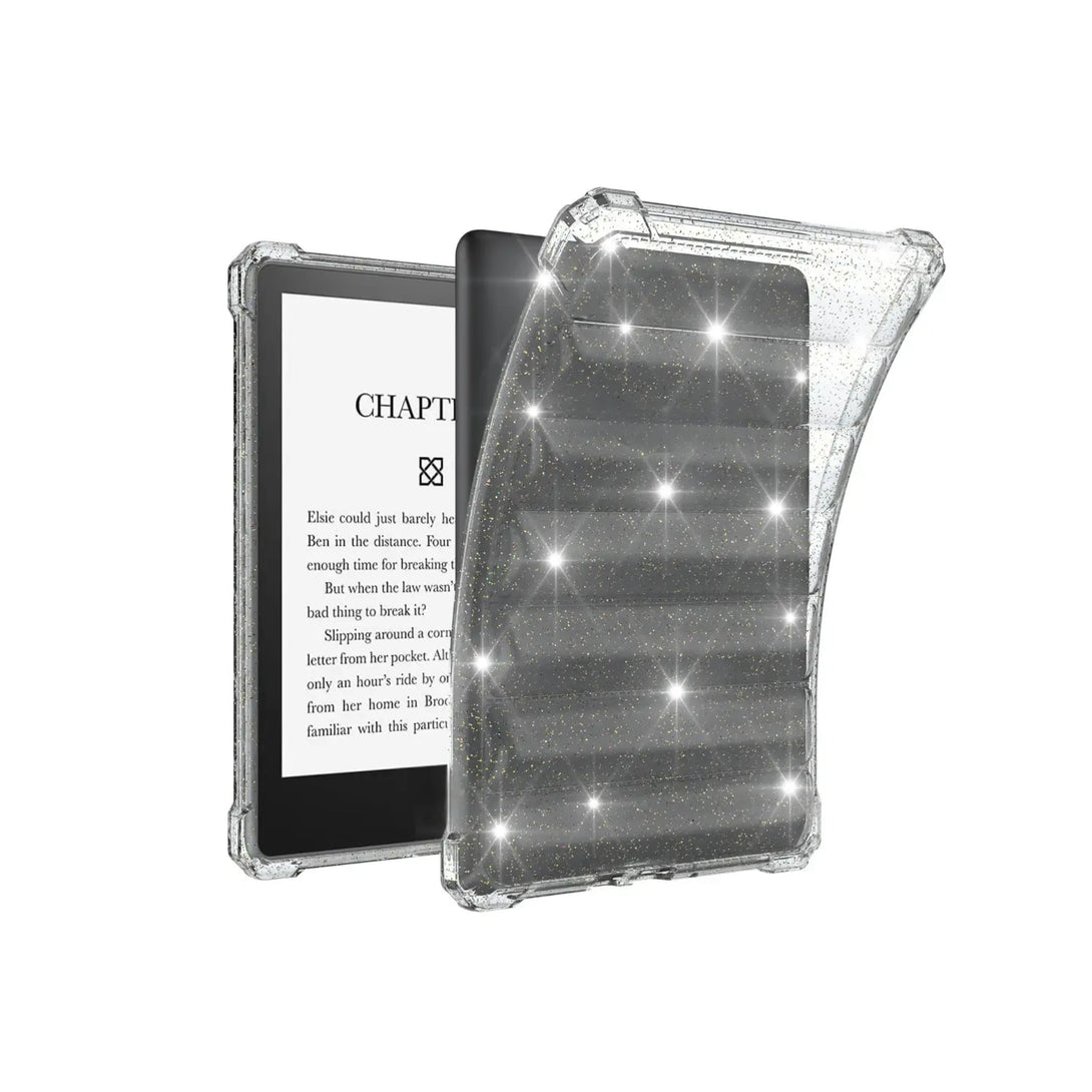 Clear glitter TPU Kindle case showing front and sparkle back panel