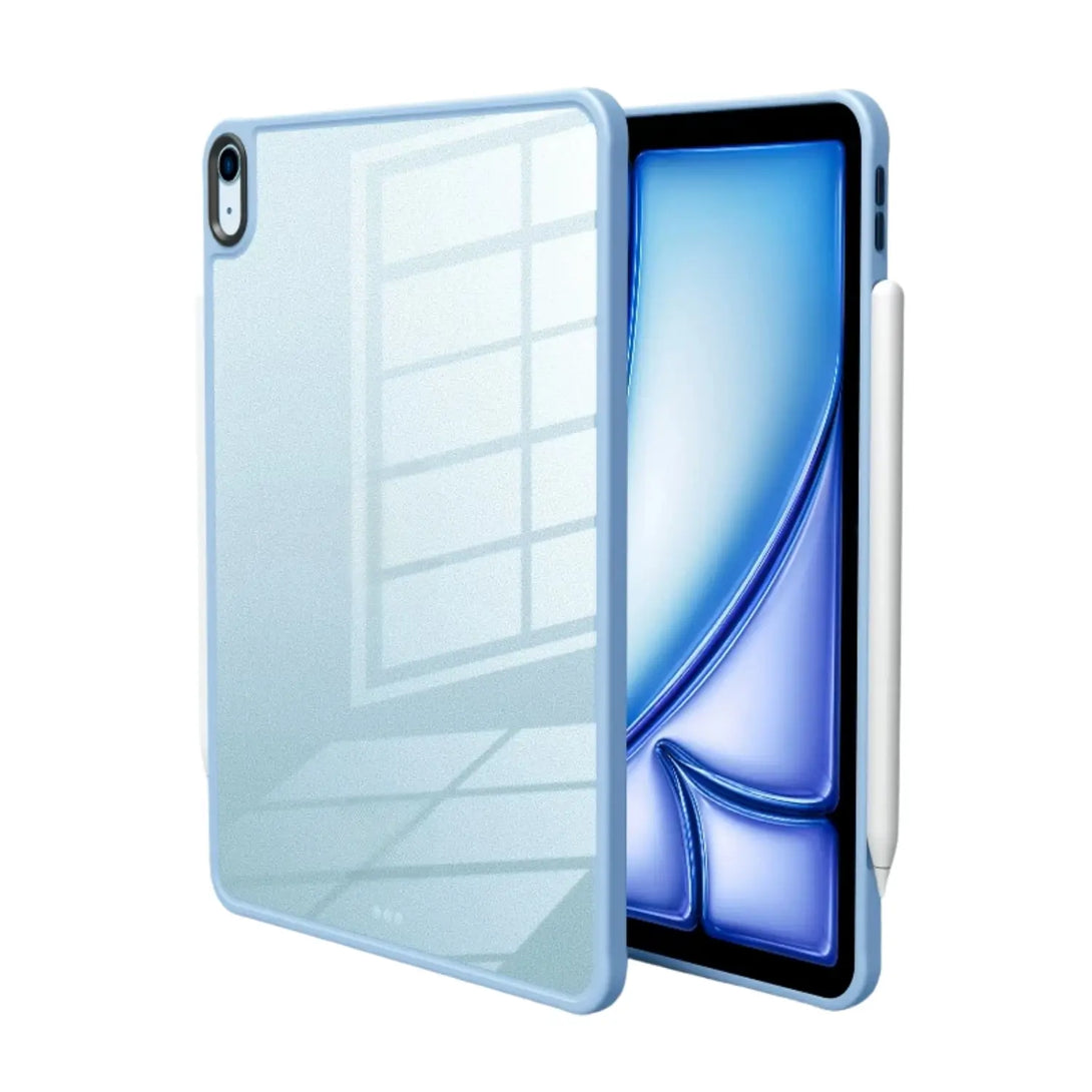 Blue clear iPad case shown front and back with a see-through panel and a soft blue bumper frame