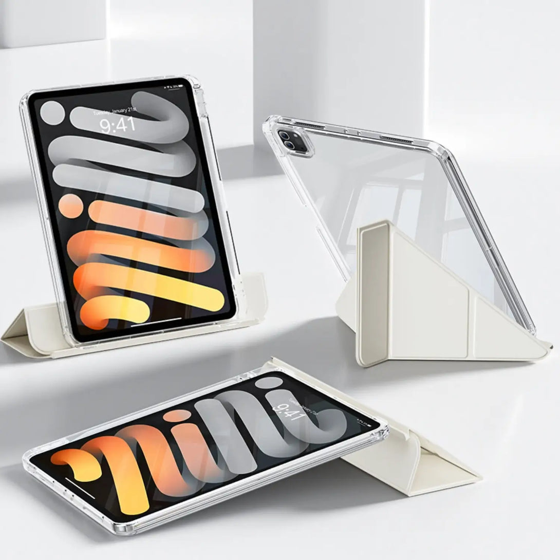 Clear iPad case shown at multiple viewing angles in portrait and landscape with white cover
