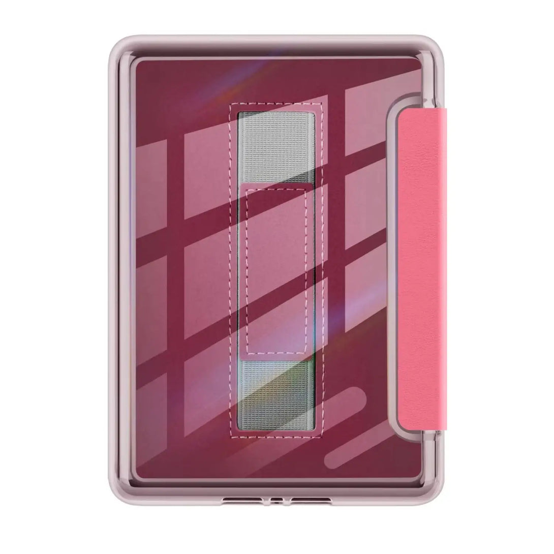 Clear magnetic strap Kindle case showing transparent acrylic back panel and elastic hand strap, red variant