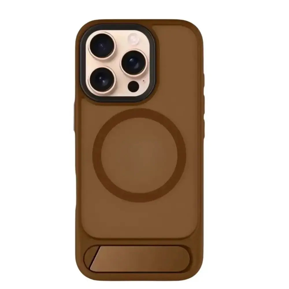 Brown Clear Magnetic iPhone Case with Kickstand with camera cutouts shown from back view.