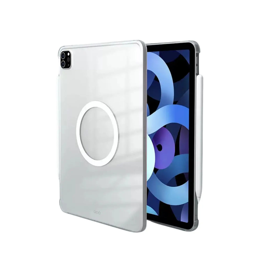 Clear magnetic rotating iPad case with see-through back and magnetic ring, shown front and back.