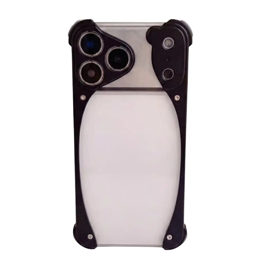Clear Metal Frame Case For iPhone with penguin like design on a white background