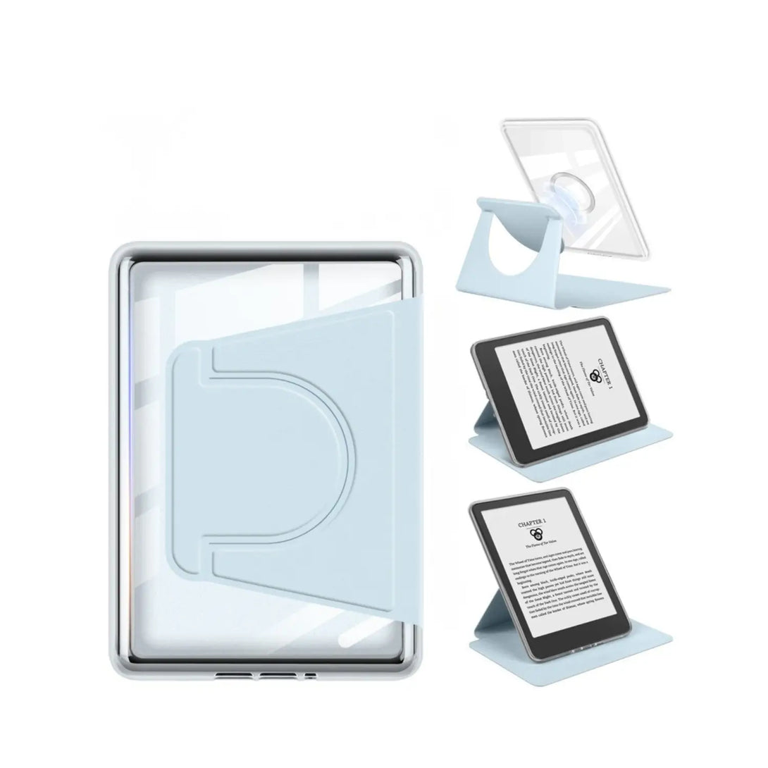 Blue clear rotating stand Kindle case showing portrait landscape stand positions