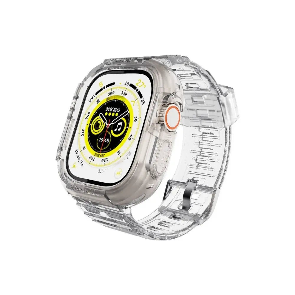 Clear rugged Apple Watch band in anti-yellowing TPU with geometric strap texture, front 3/4 view on watch
