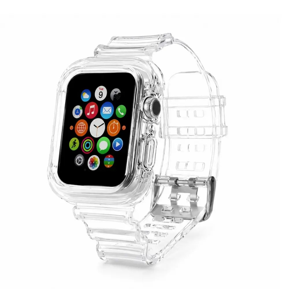 Apple Watch clear band and case in one piece, front product shot showing full transparent construction on white