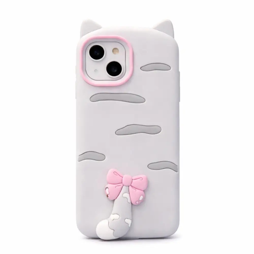 Cute cartoon 3D cat silicone iPhone case with pink bow design on white background