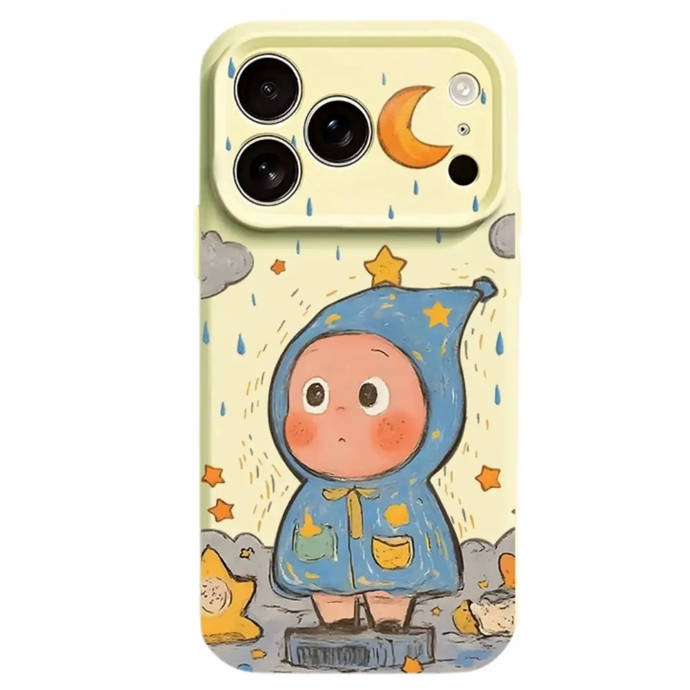 Cartoon rainy day silicone iPhone case in cream beige showing printed character design and snug silicone build